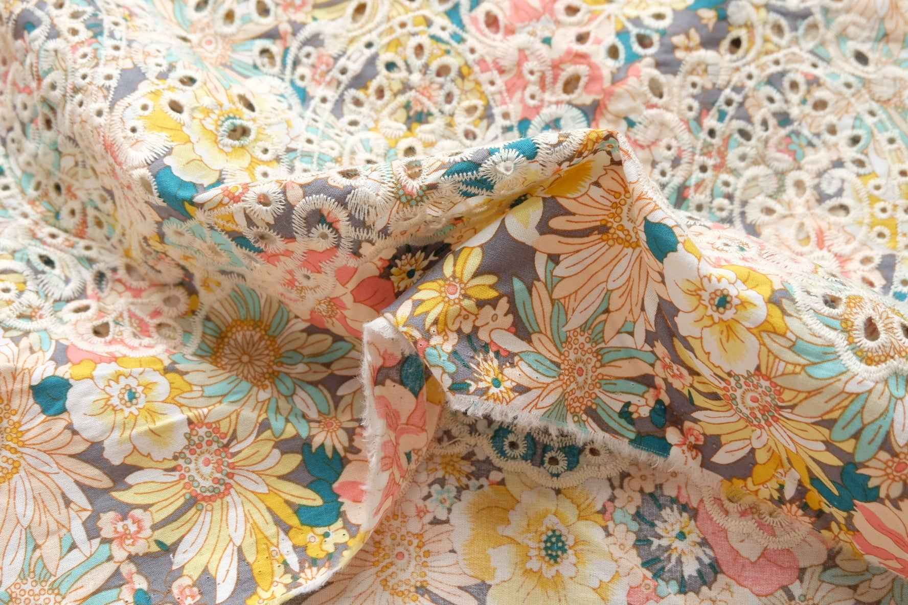 Floral Embroidered Eyelet Cotton Fabric, Soft Dress and Blouse Weight, 1.64 Yards