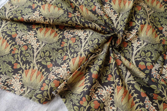Morris-Inspired Botanical Cotton Fabric, Structured Midweight Plain Weave, 1.64 Yards