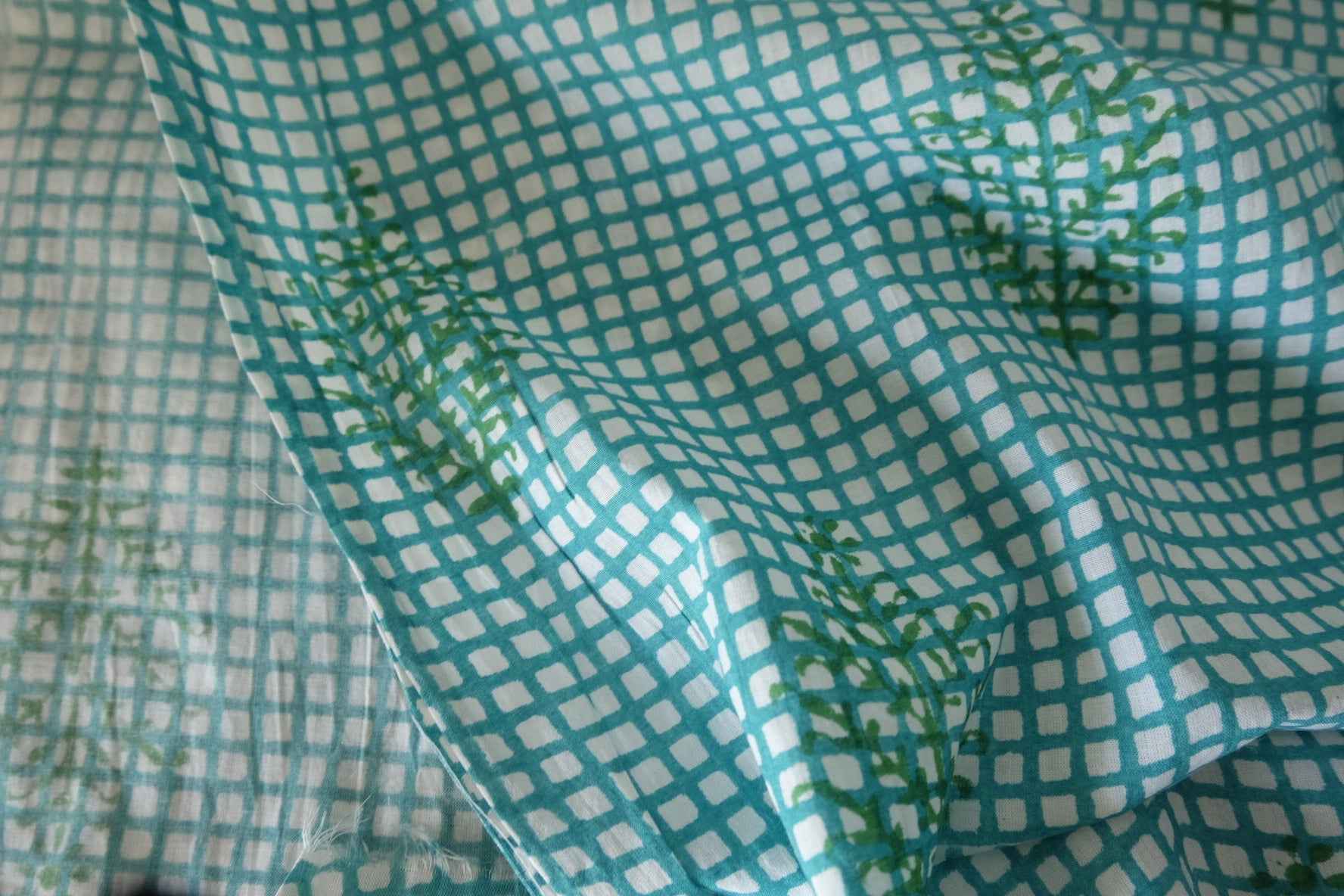Indian Hand Block Printed Cotton Fabric – Aqua Lattice Floral Pattern – Sold by the Meter