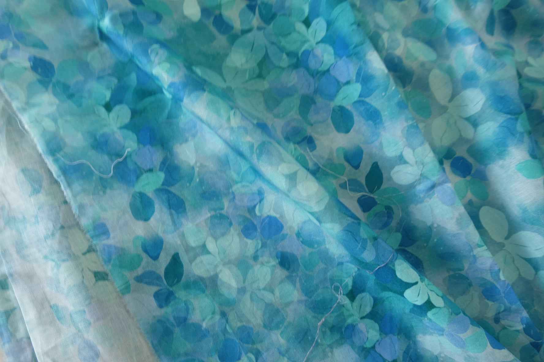 Blue Watercolor Leaf Cotton Voile Fabric – 3.3 yd