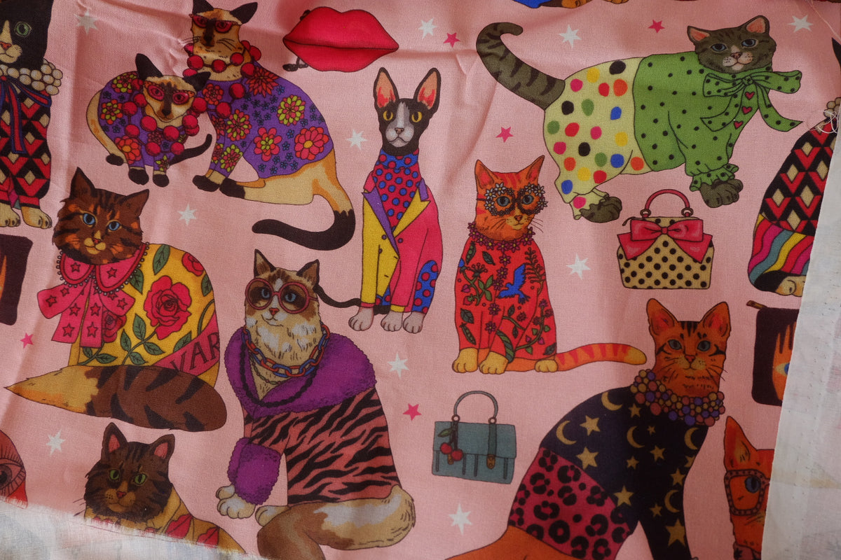 Fashionista Cats – Whimsical Pink Quilting Cotton Fabric – 2.19 yd