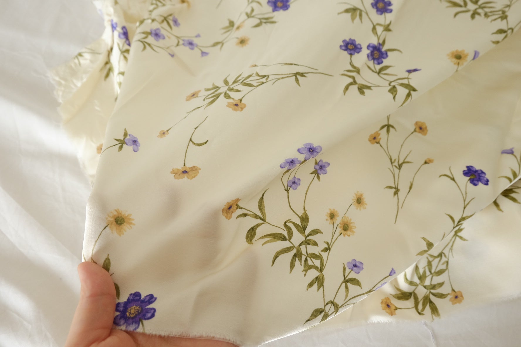 Cream Floral Satin Challis Fabric – 3.3 yd