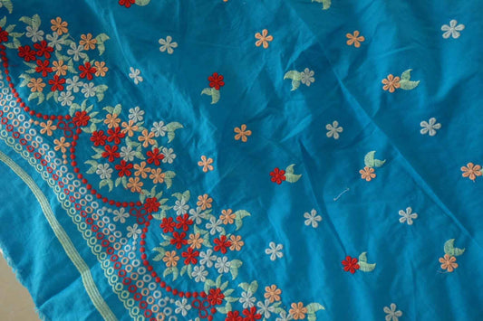 Double-Sided Floral Embroidered Cotton Fabric – Soft Blue Base – 1.9 yd Cut