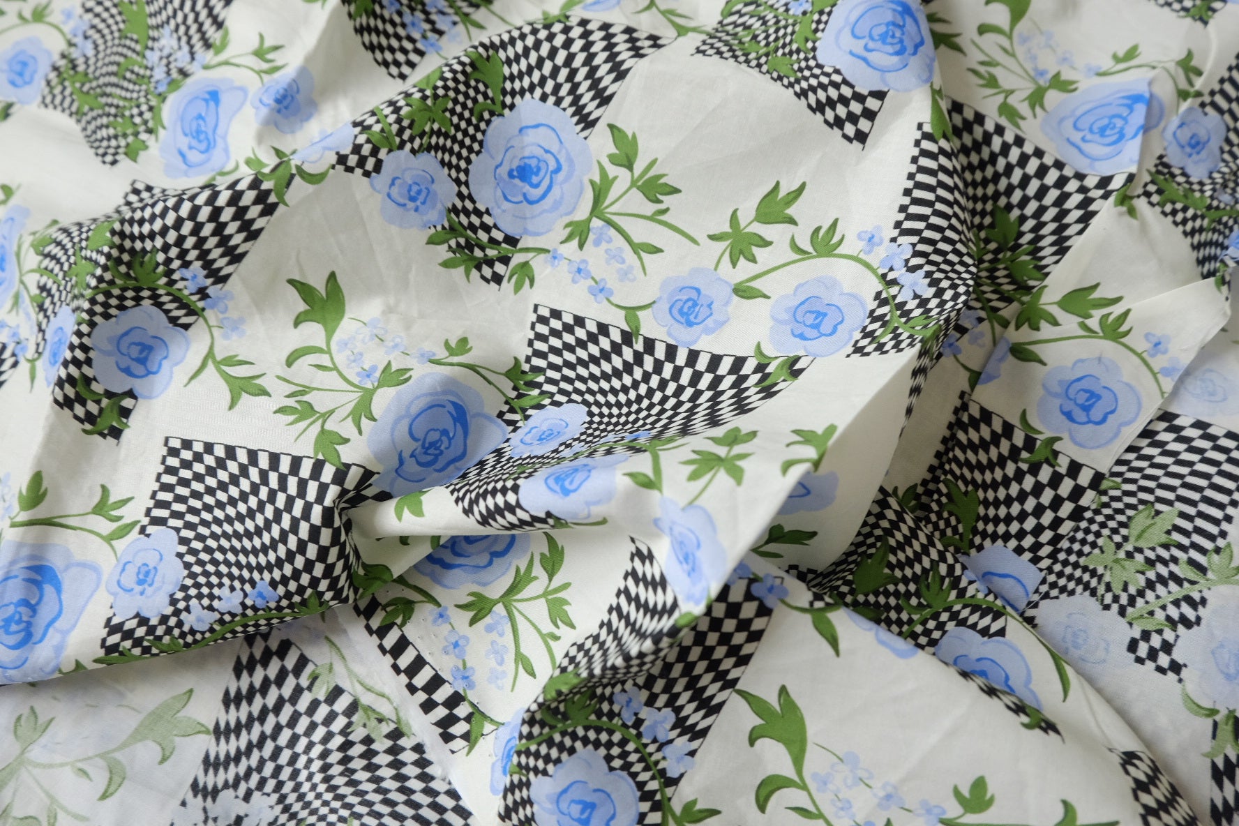 Blue Rose Checkerboard Cotton Poplin Fabric - 1.97 yd