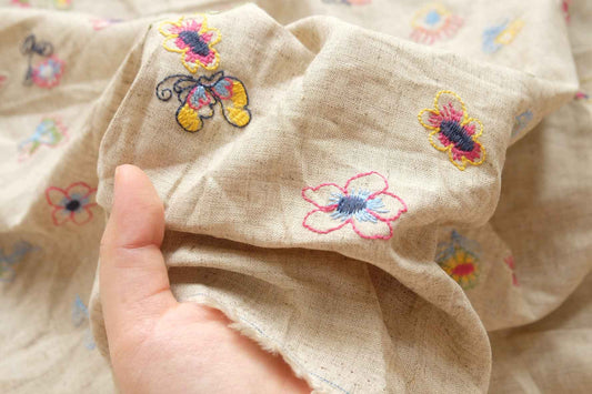 Embroidered Linen Rayon Blend Fabric, Whimsical Floral Motifs for Spring Summer Sets, 1.64 Yards