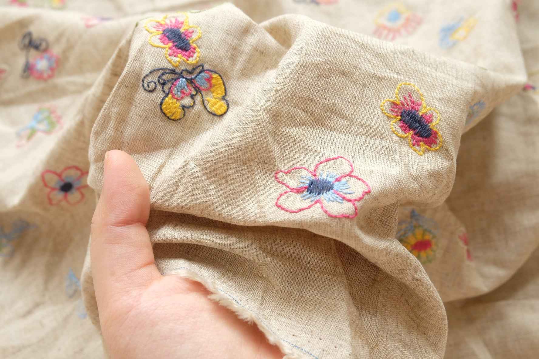 Embroidered Linen Rayon Blend Fabric, Whimsical Floral Motifs for Spring Summer Sets, 1.64 Yards