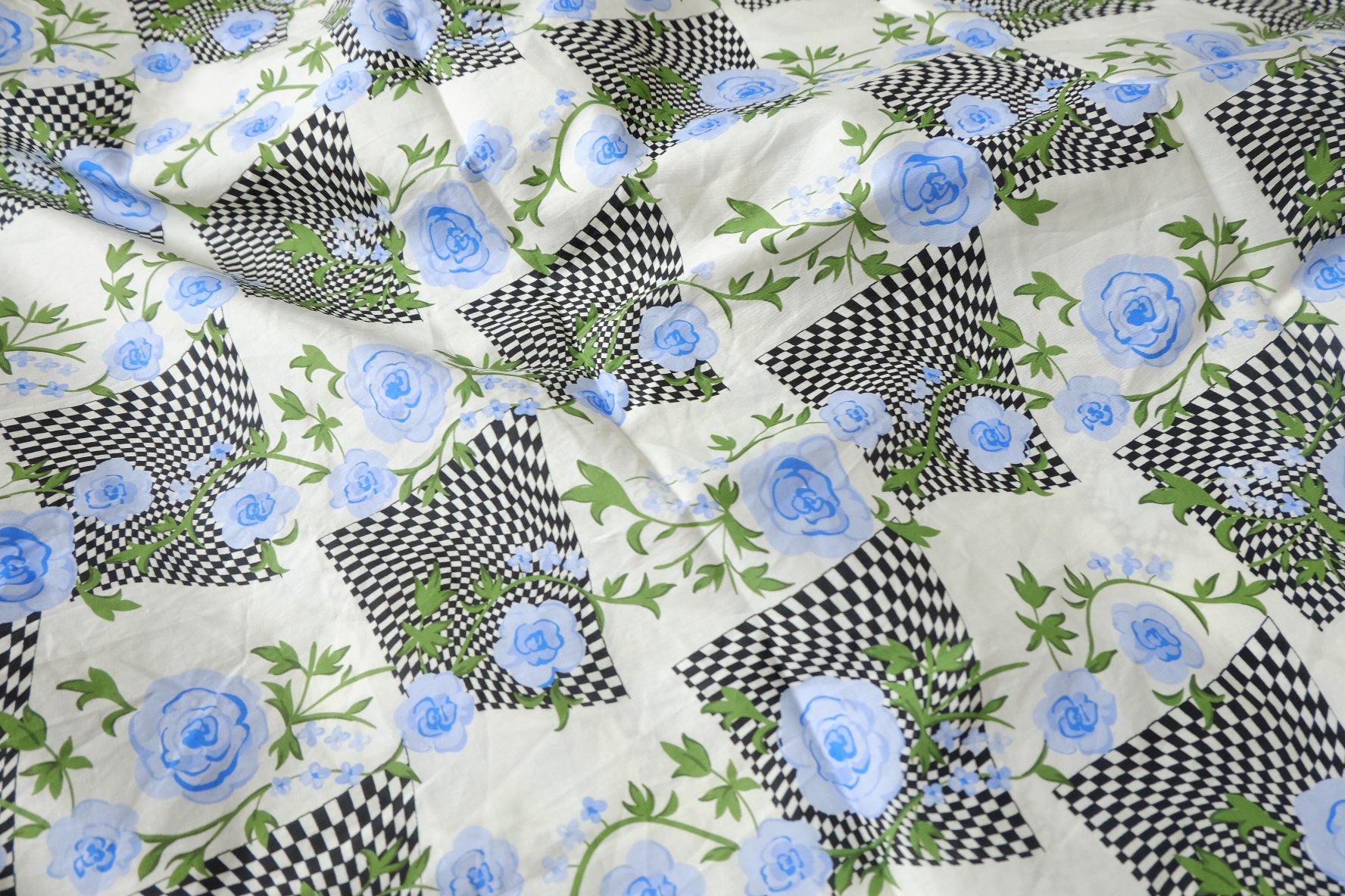 Blue Rose Checkerboard Cotton Poplin Fabric - 1.97 yd