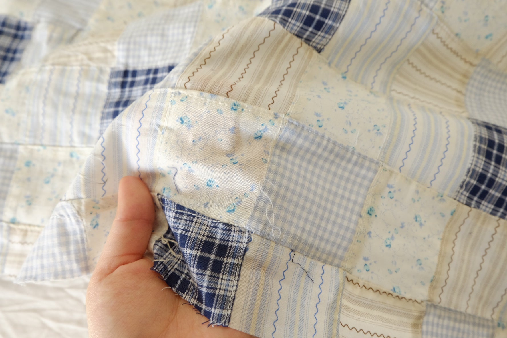 Hand-Pieced Blue Patchwork Cotton Textile – 2.19 yd Piece