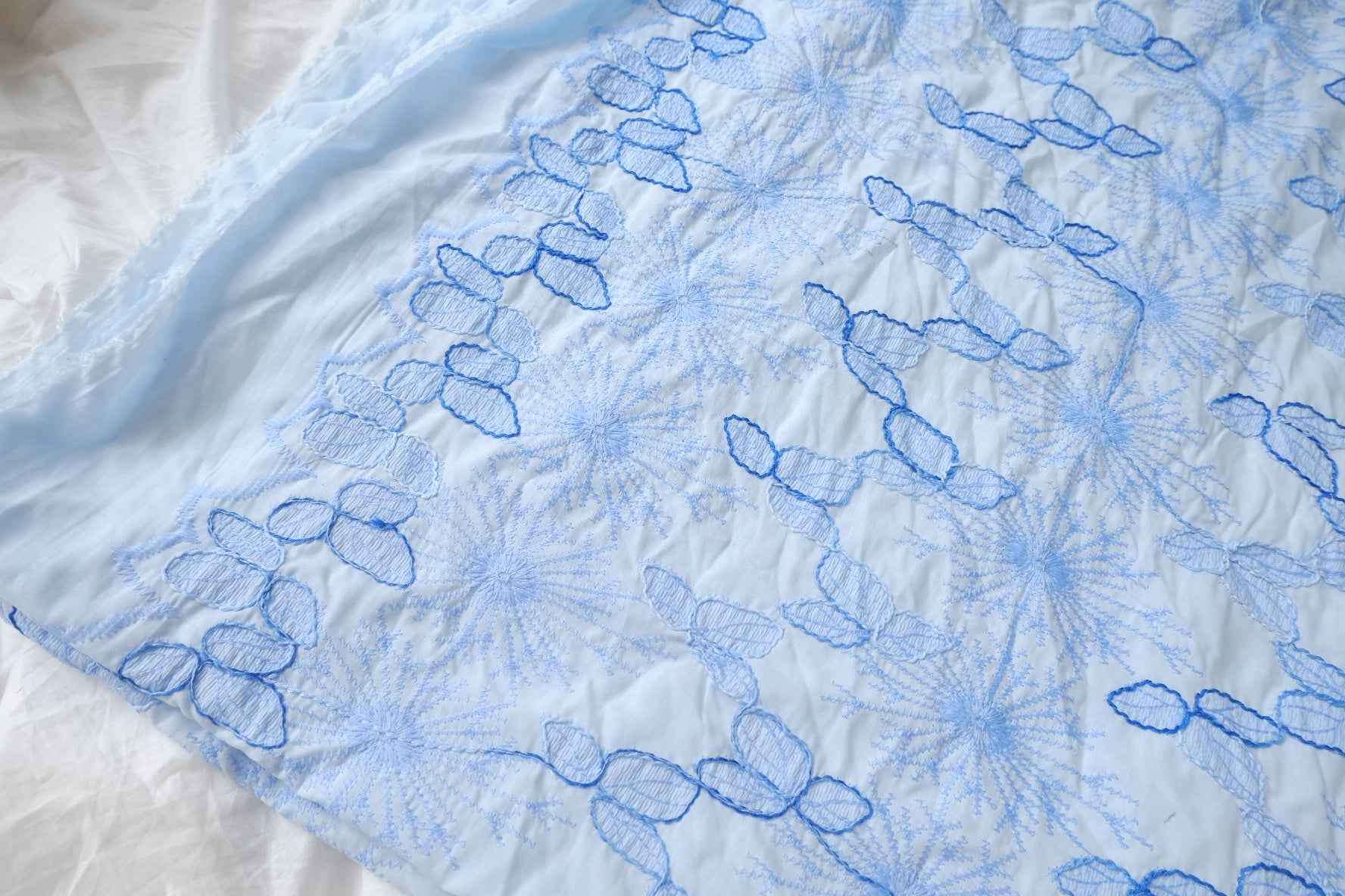 Allover Embroidered Cotton Fabric, Soft Blue on White, 1.64 Yards