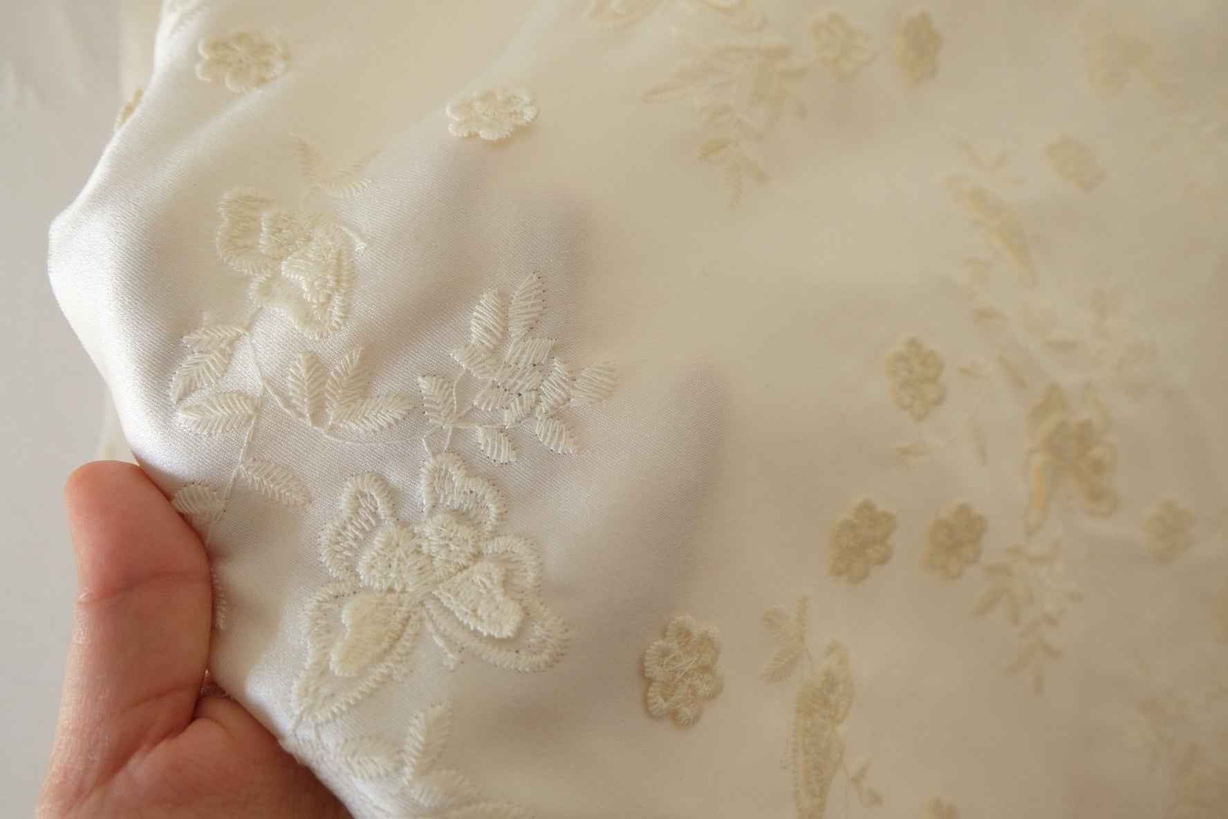 Ivory 3D Floral Embroidered Acetate Satin Fabric – 2.2 yd