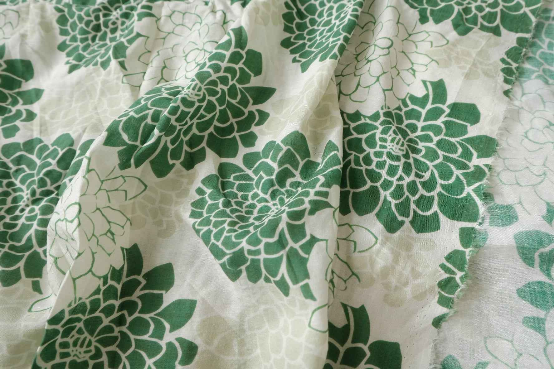 Soft Green Floral Linen Cotton Fabric, Lightweight Summer Weight, 3.06 Yards