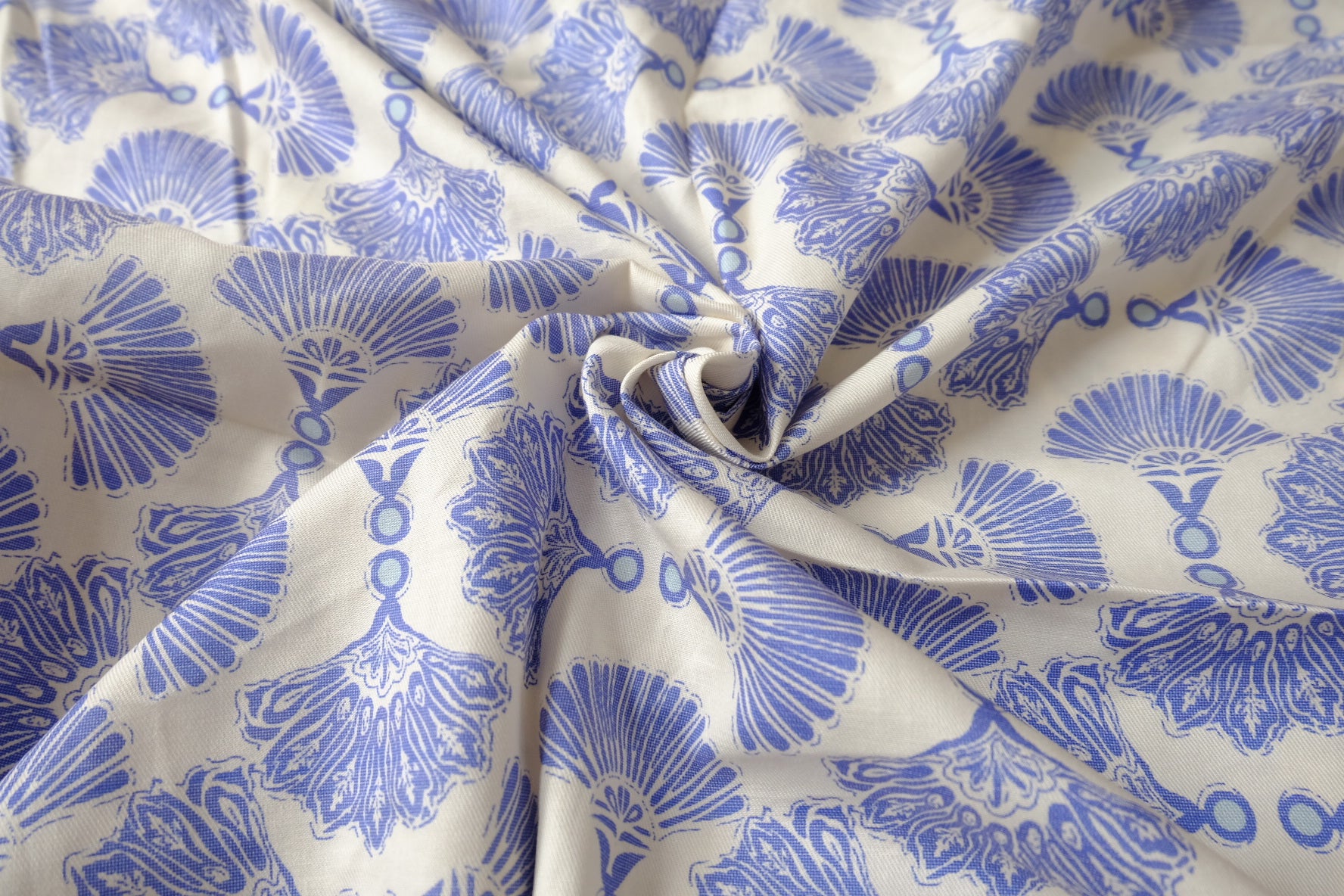Blue Fan Motif Cotton Twill Sample Fabric - 1.53 yd