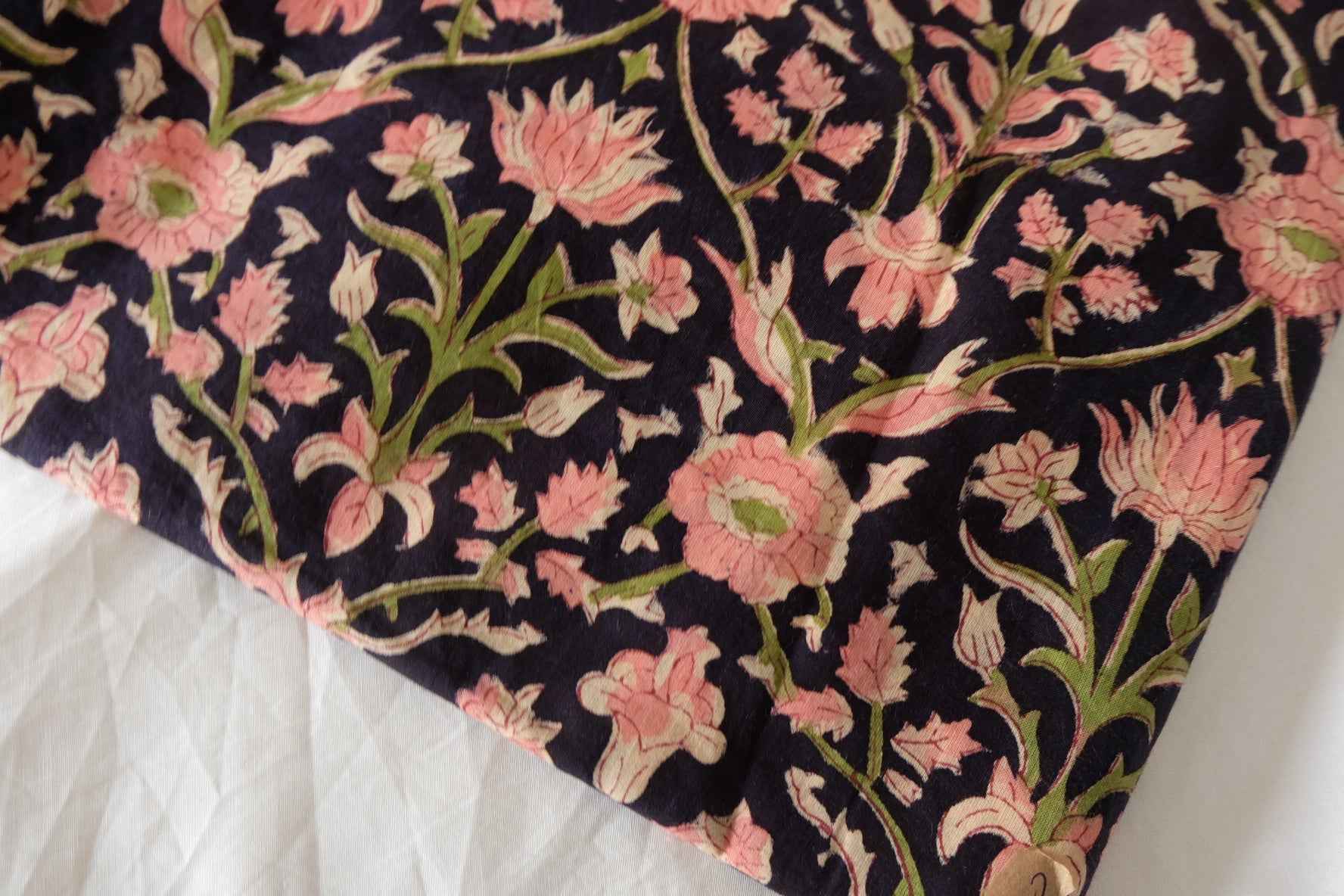 Indian Hand Block Printed Cotton Fabric – Pink Floral Vine on Deep Navy – Sold by the Meter