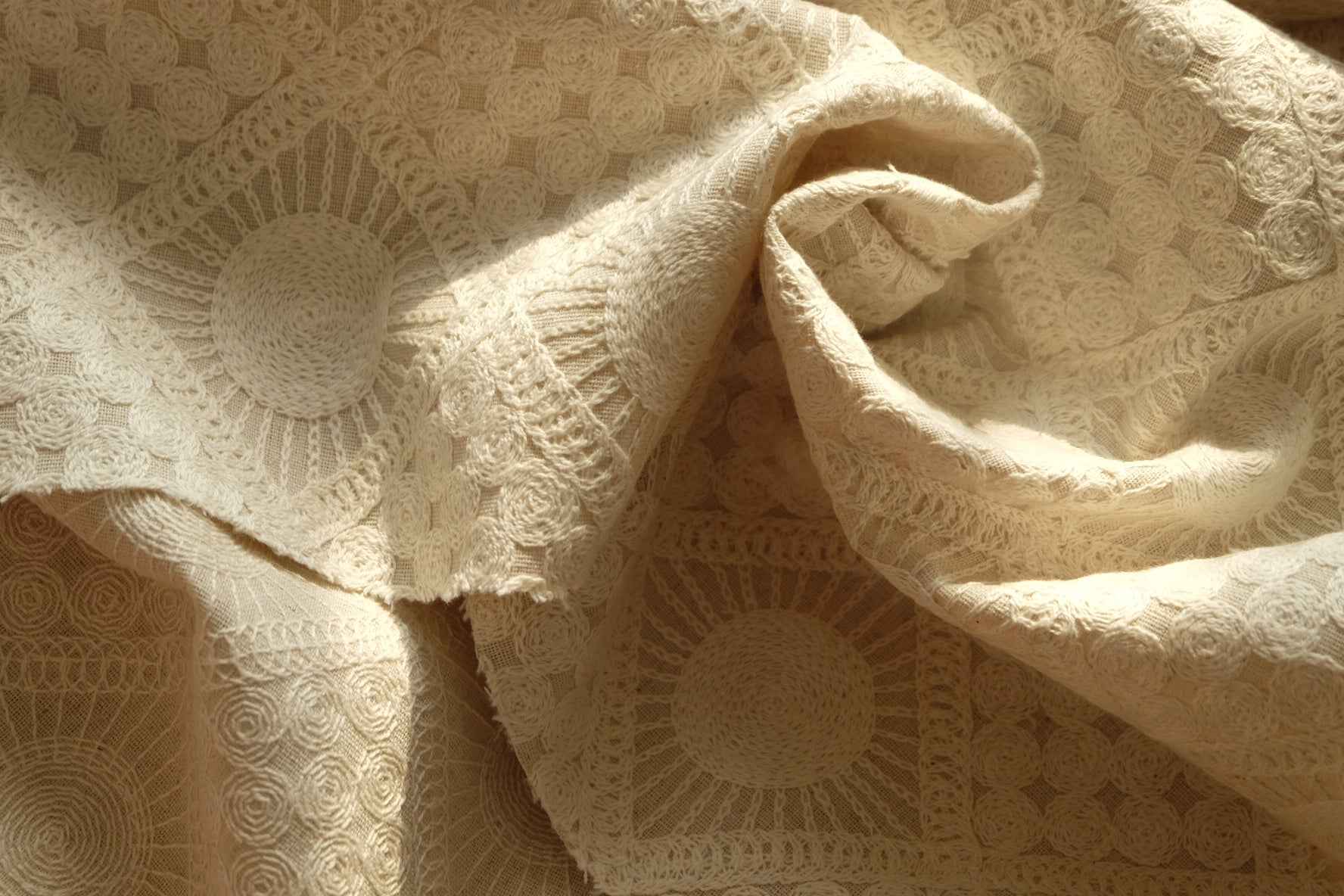 Ivory Embroidered Linen Cotton Fabric, Sold by the yard