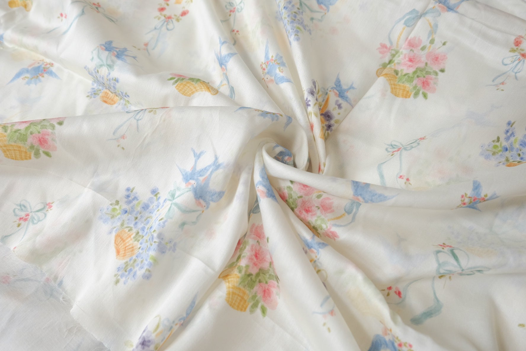 Bluebird Basket Print Silky Cotton Sateen Fabric - 2.19 yd