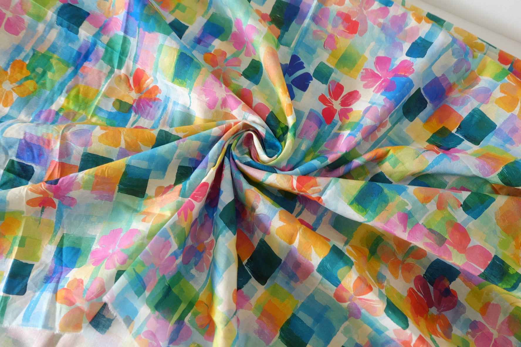 Watercolor Floral Check Cotton Poplin Fabric – 2.2 yd