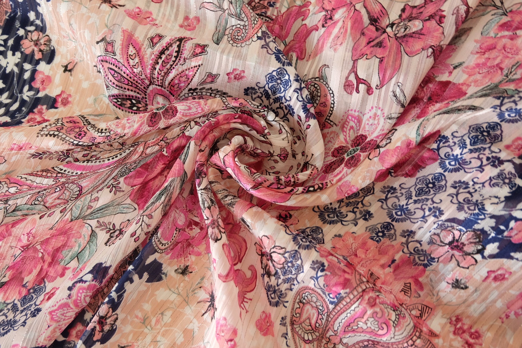 Floral Paisley Silver Lurex Chiffon Fabric – Pink Boho Print – 2.7 yd Cut
