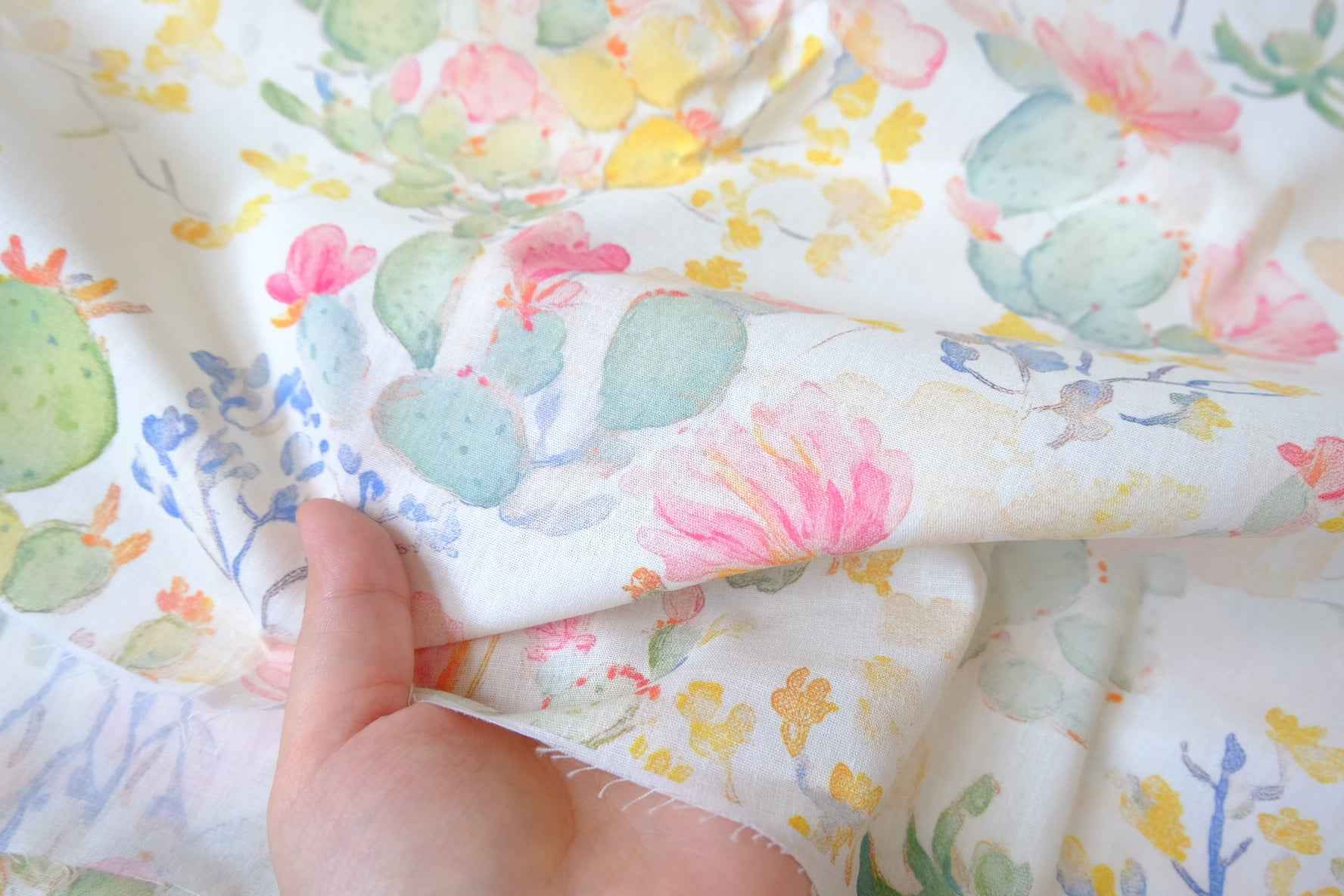Watercolor Cactus Garden Cotton Poplin Fabric - 3.28 yd