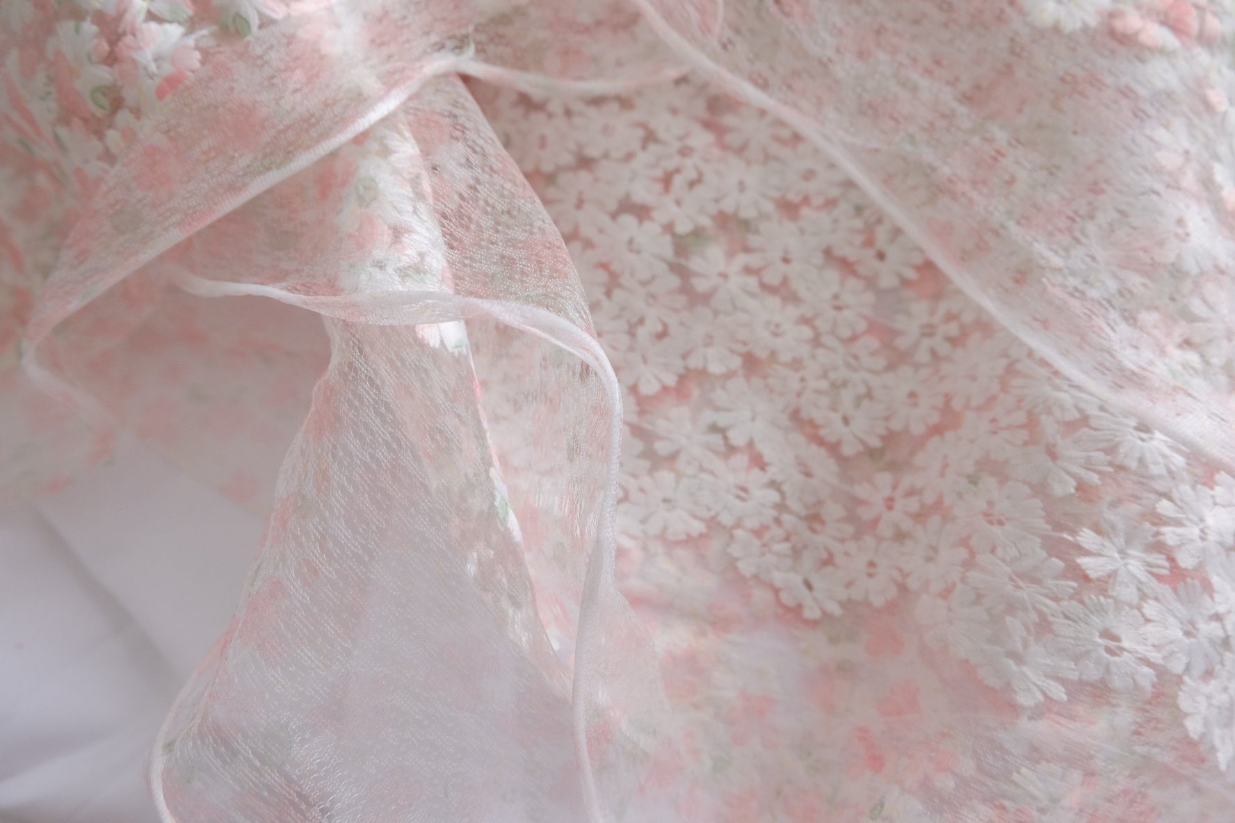 Pink Daisy Embroidered Tulle Fabric - 1.42 yd / 2.84 yd