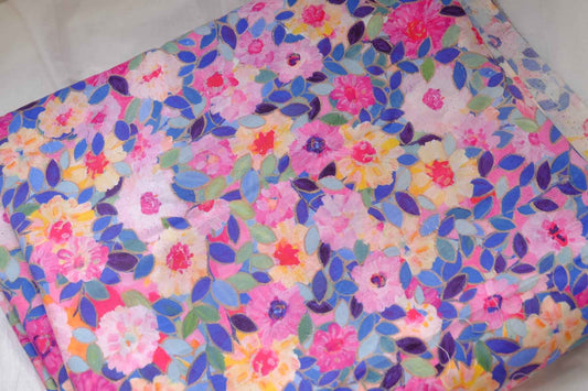 Painterly Pink Blue Floral Cotton Poplin Fabric,  2.84 Yards