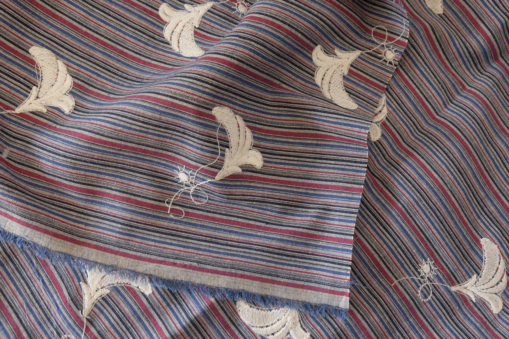 Embroidered Yarn Dyed Cotton Stripe Fabric – Navy Red Stripe – 1.3 yd