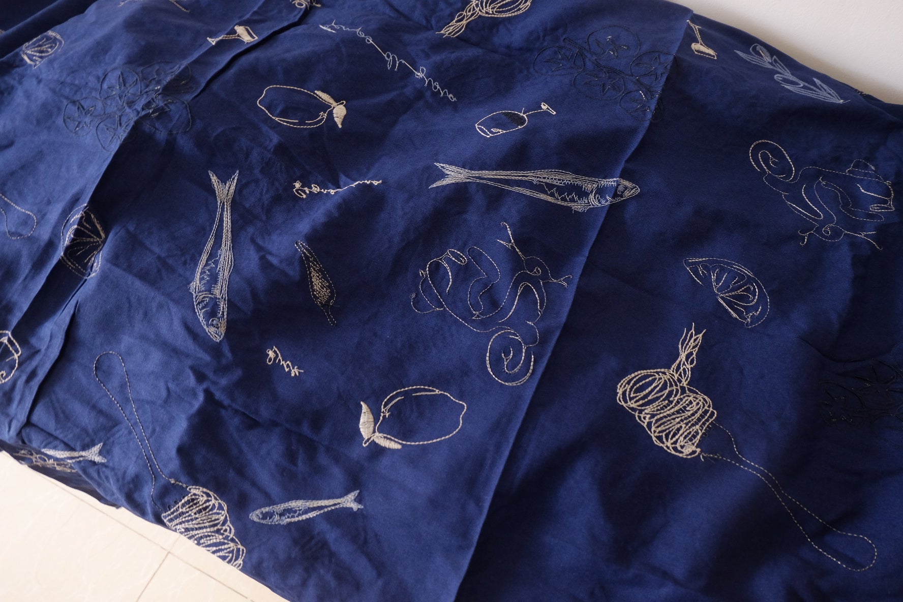 Midnight Navy Seaside Still Life Embroidered Pure Linen Fabric – 1.64 yd Piece