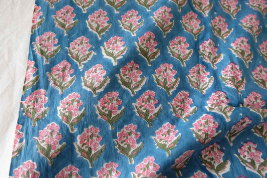 Indian Hand Block Printed Cotton Fabric – Pink Floral Motif on Blue – Sold by the Meter