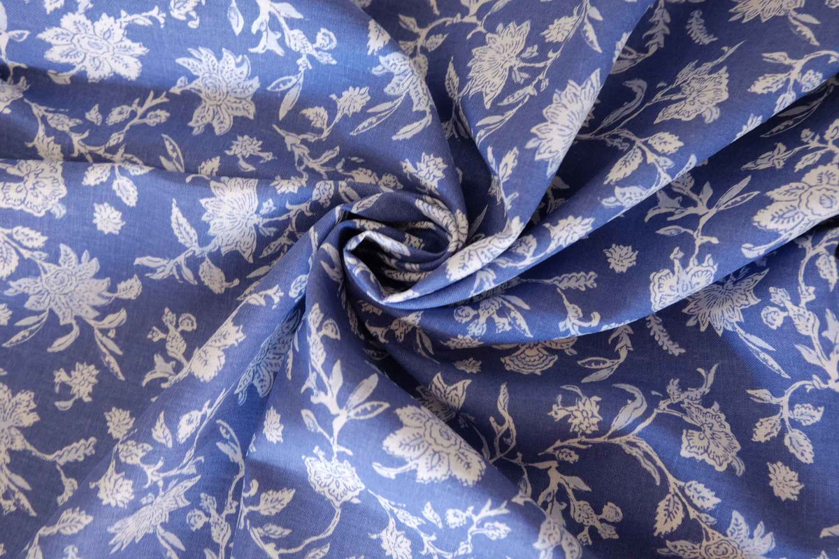 Vintage Blue Botanical Cotton Linen Fabric – 2.2 yd