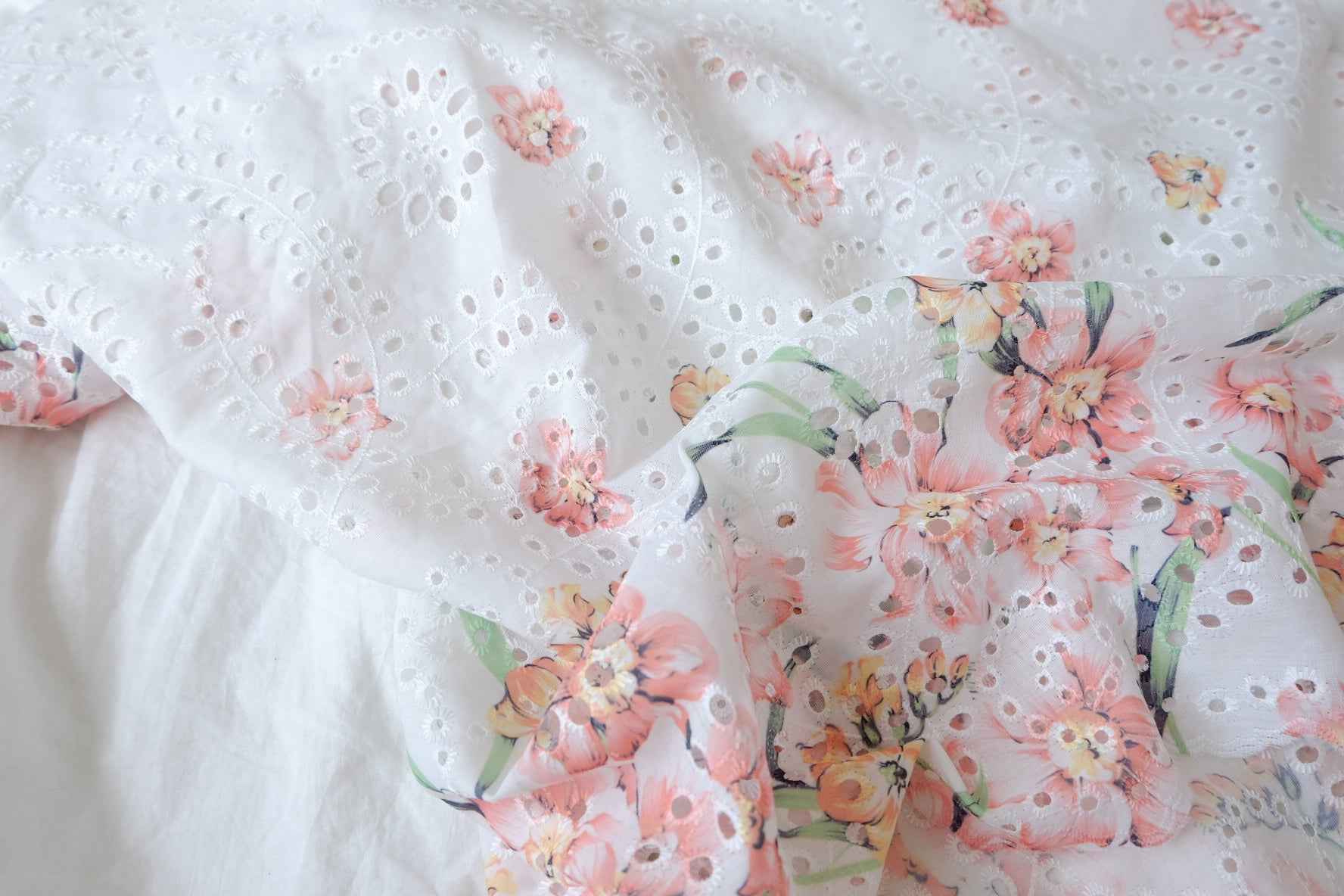 Floral Eyelet Embroidered Cotton Linen Fabric - 3.28 yd