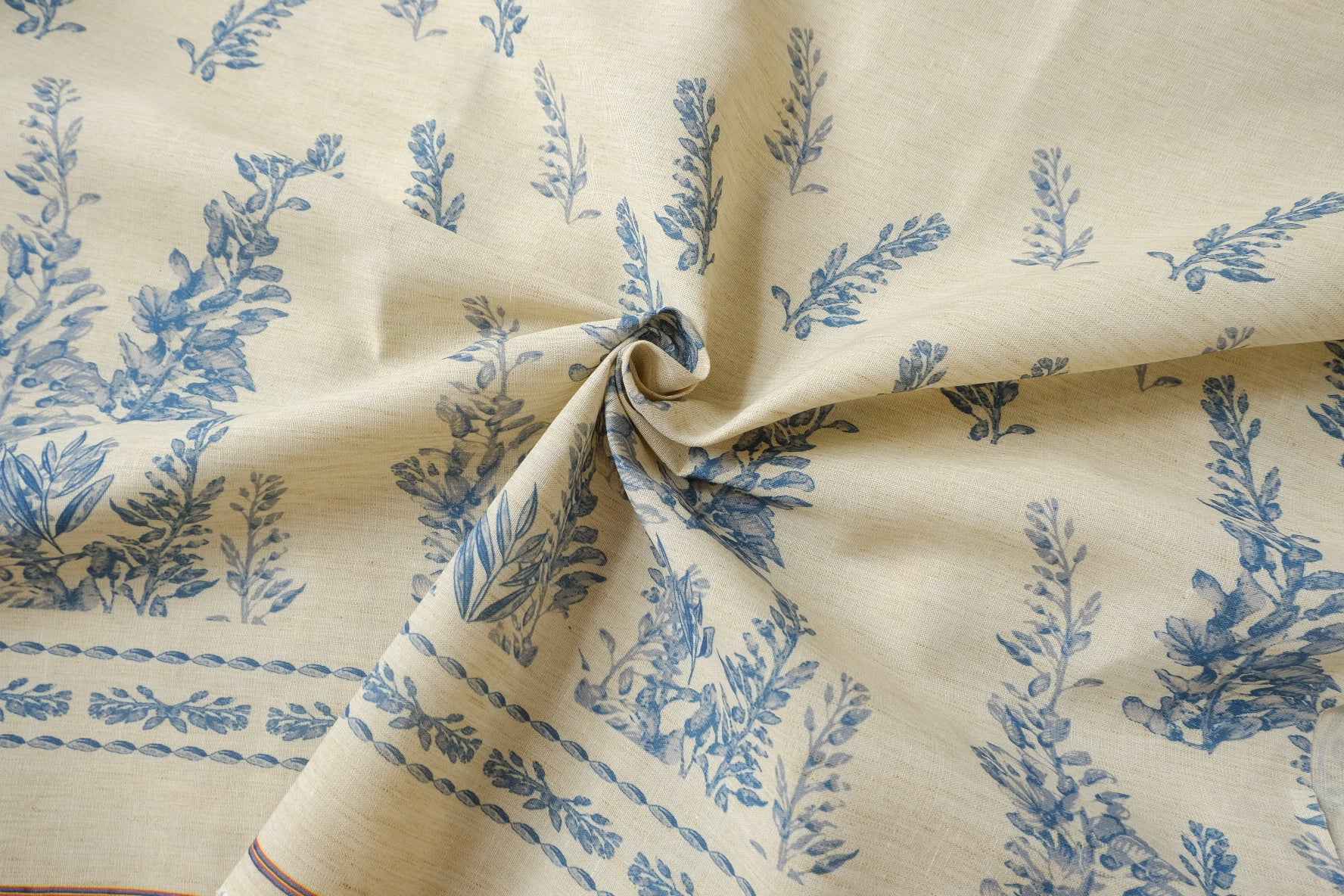 Blue Border Print Linen Blend Fabric, Structured Suiting Weight, 1.64 Yards