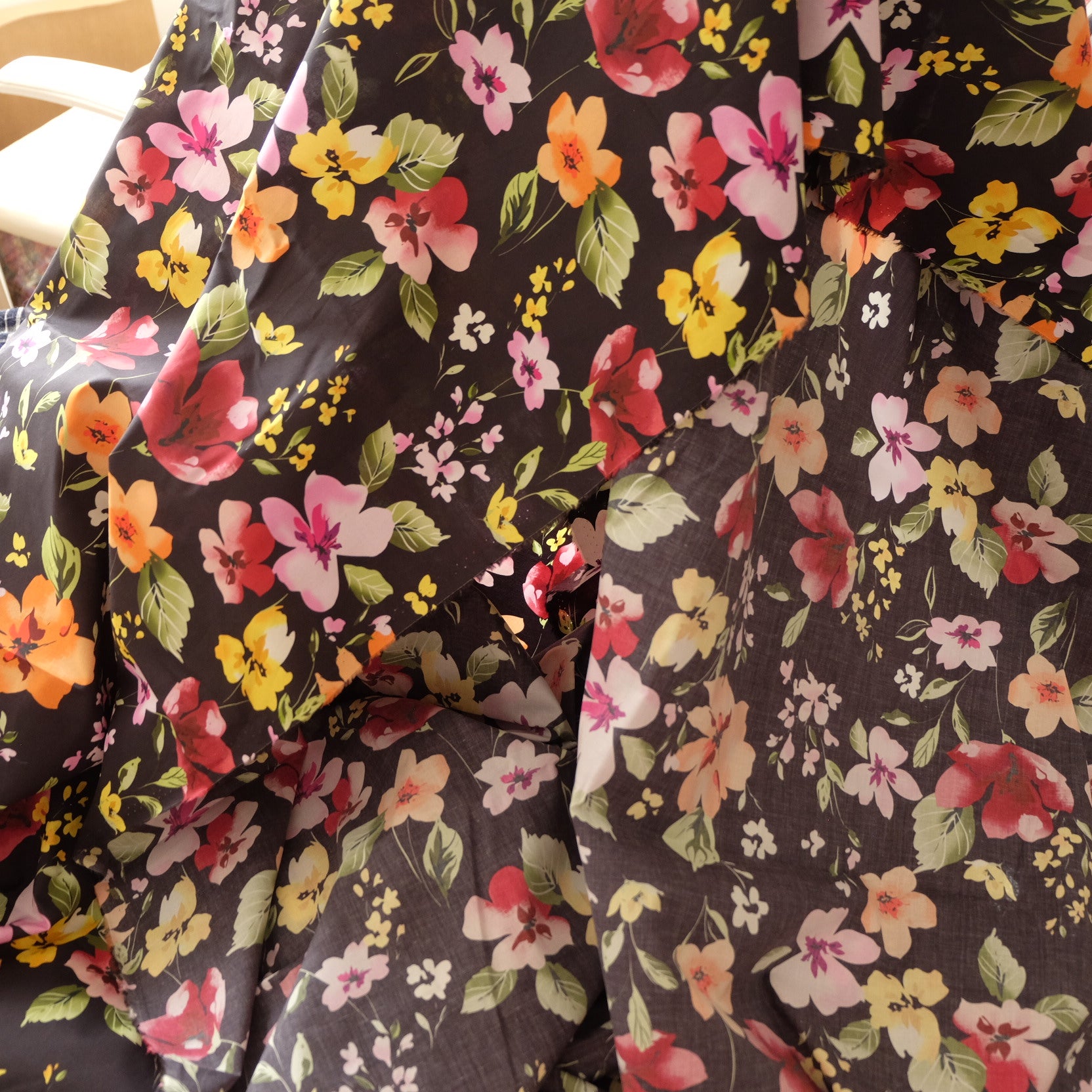 Dense Cotton Poplin Floral Fabric – Black Ground Dress Cotton