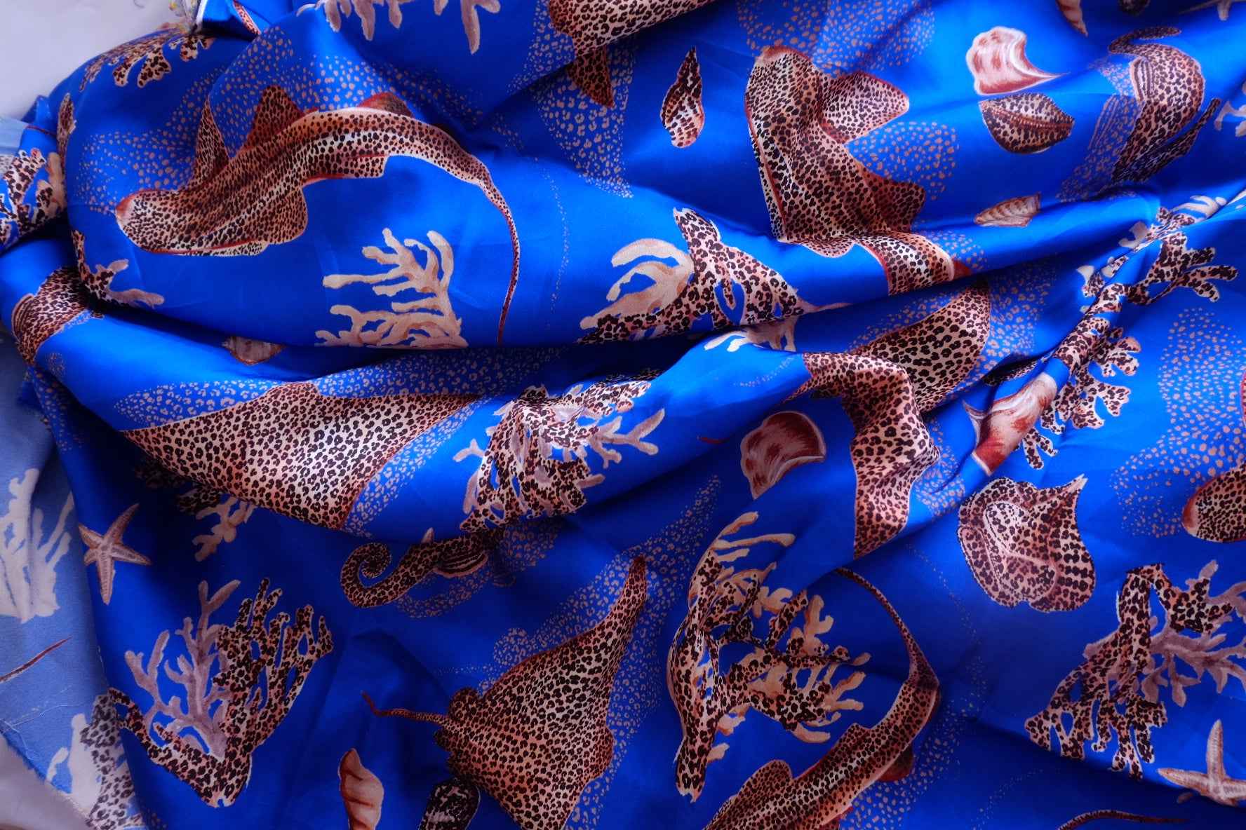 Ocean Blue Satin Rayon Sea Life Fabric - 3.28 yd