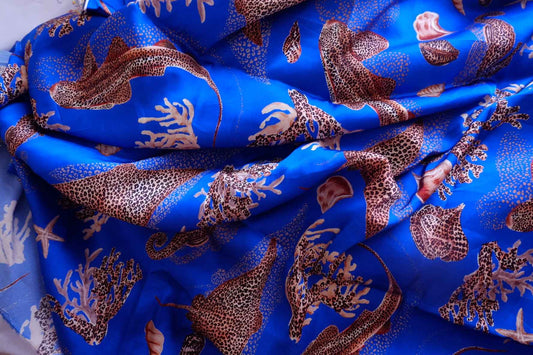 Ocean Blue Satin Rayon Sea Life Fabric - 3.28 yd