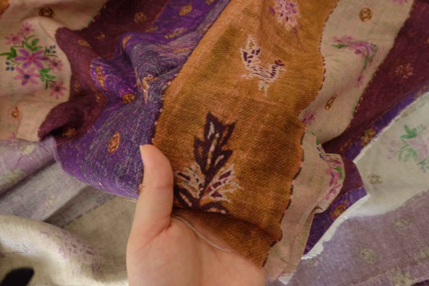 Purple & Brown Floral Stripe Rayon Linen Blend Fabric – 1.9 yd