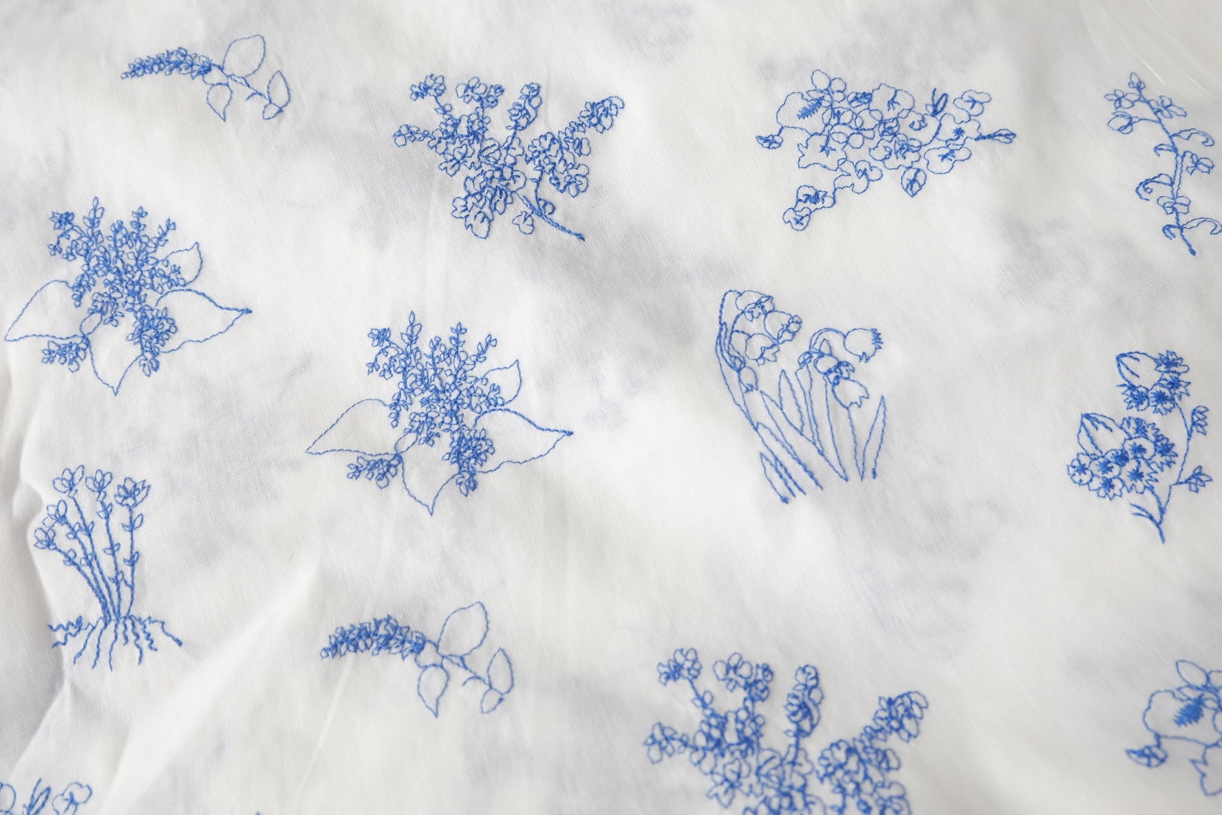 Blue Botanical Embroidered Cotton Fabric, 2.2 Yards