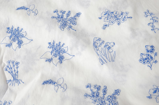 Blue Botanical Embroidered Cotton Fabric, 2.2 Yards