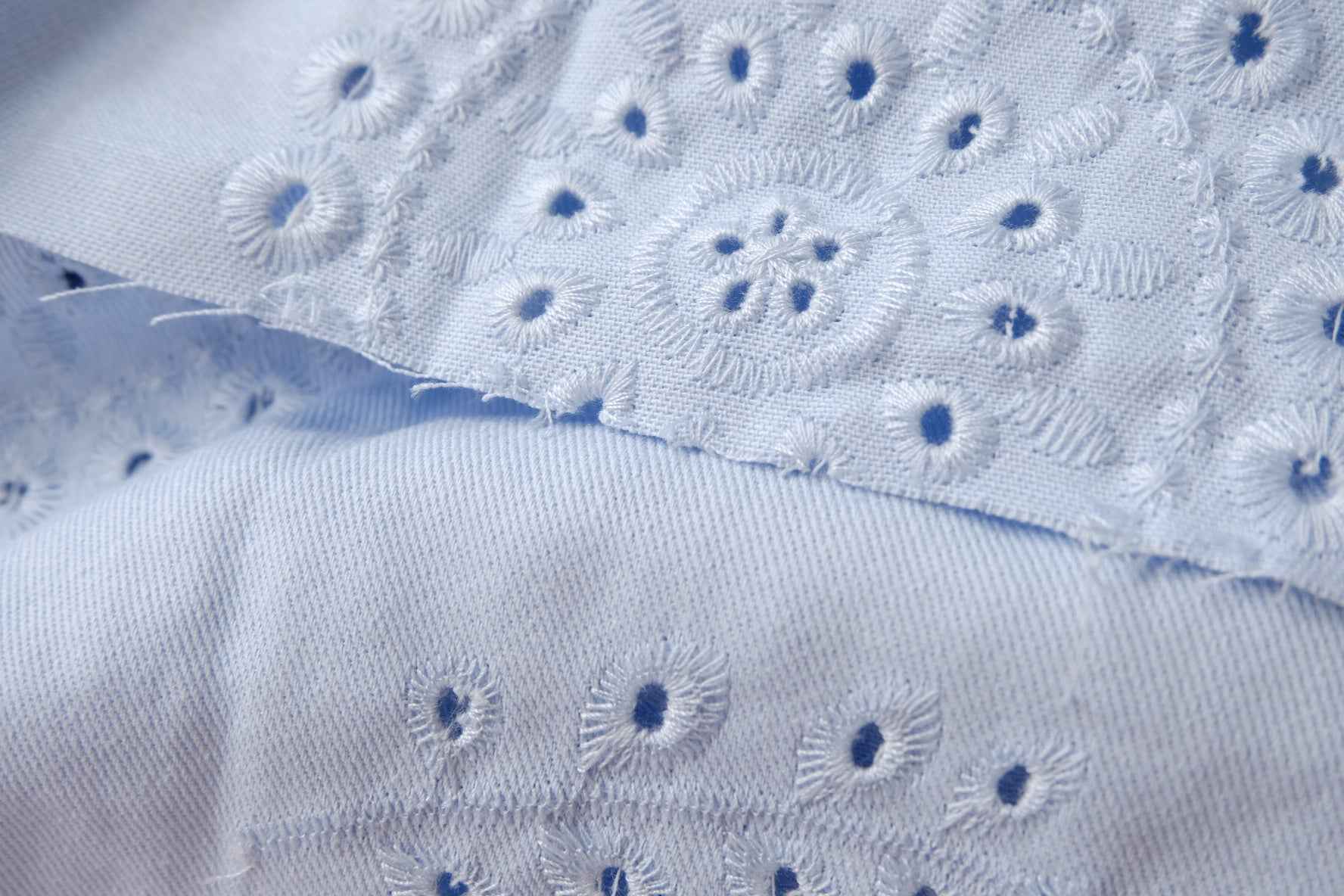 Powder Blue Embroidered Cotton Denim Fabric, Midweight for Trousers, 1.64 Yards