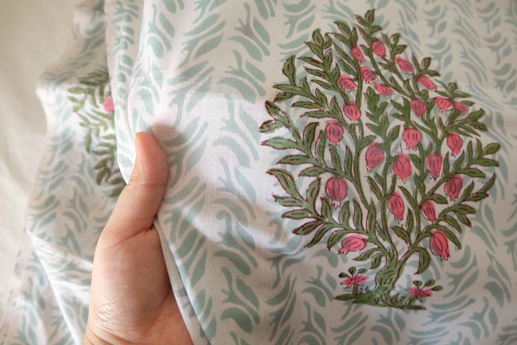 Indian Hand Block Printed Cotton Fabric – Mint Botanical Garden Pattern – Sold by the Meter