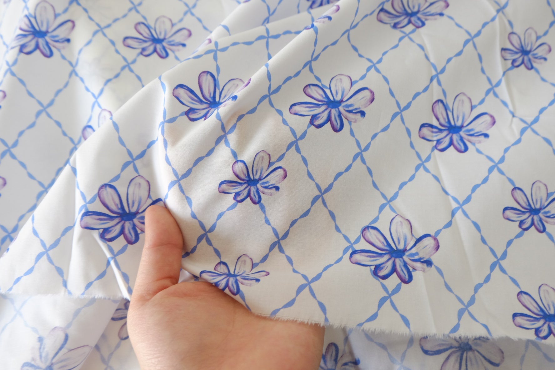 Blue Trellis Bloom Print Cotton Lawn Fabric – 2.52 yd Piece