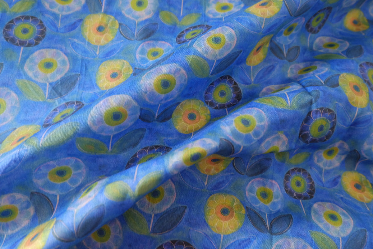Blue Daydream – Whimsical Floral Cotton Sateen Fabric | 2.2 Yards