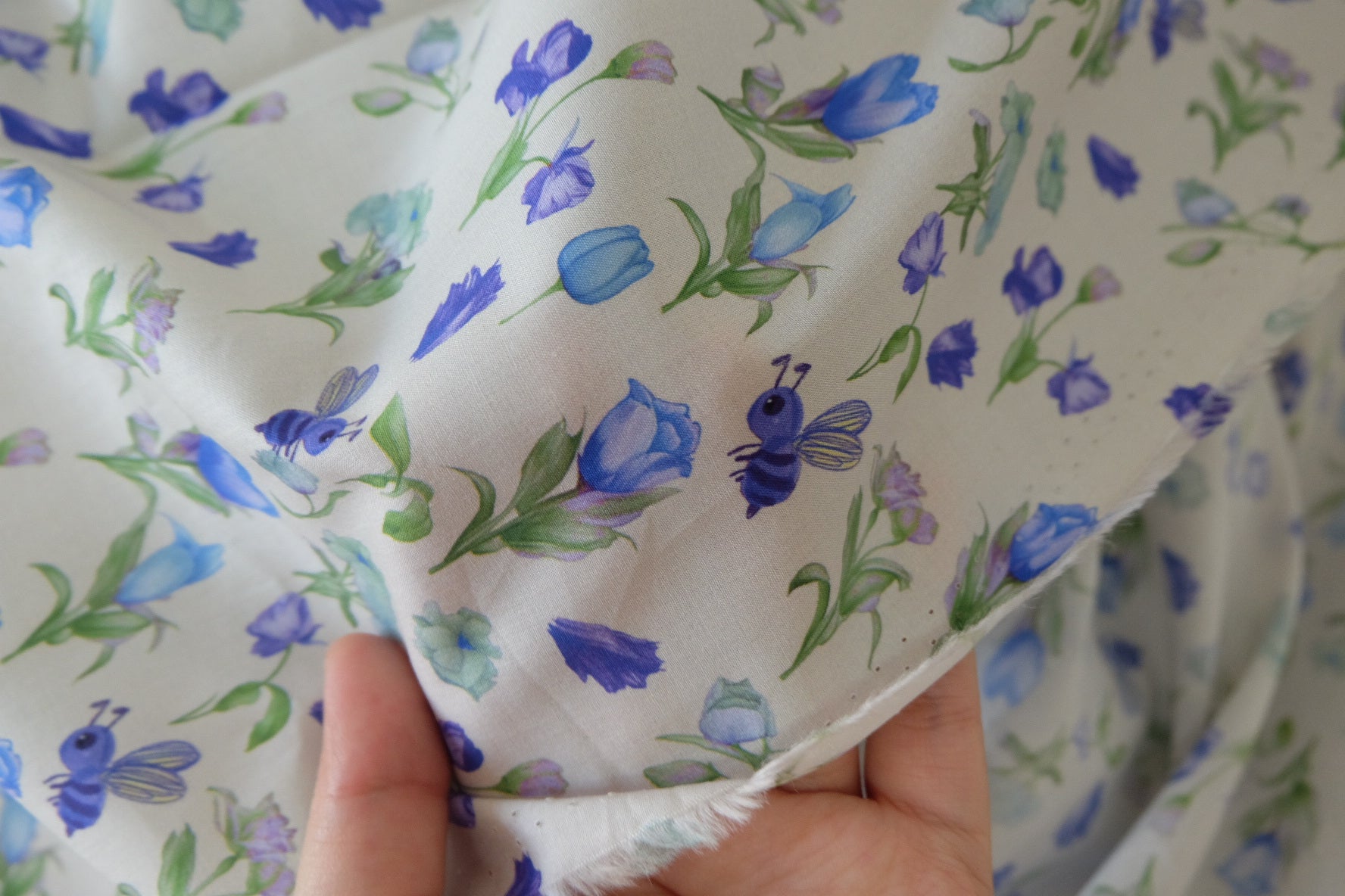 Blue Meadow Cotton Lawn Fabric – Floral Bee Garden Print (3.8 yd Cut)