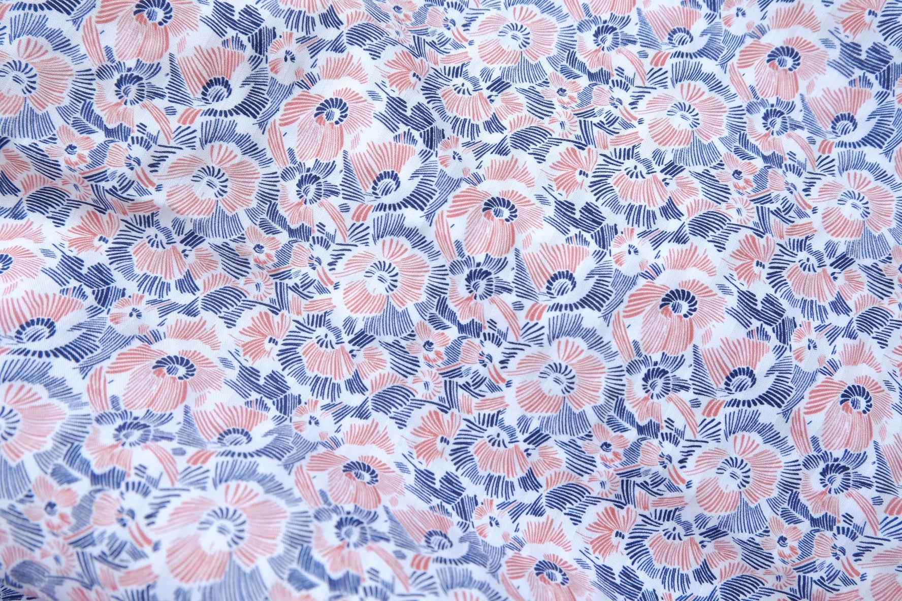 Cotton Poplin Floral Fabric, Pink and Blue Abstract Bloom Print, 2.19 Yards