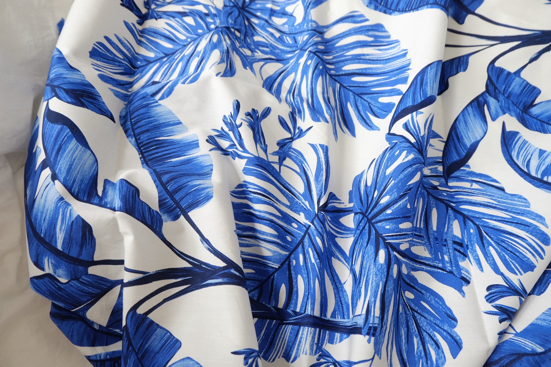 Blue Tropical Leaf Cotton Fabric, 3.28 Yards