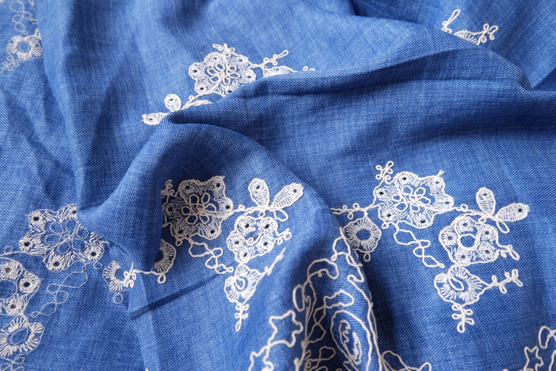 Blue Border Embroidered Lyocell Cotton Denim, 1.6 Yards