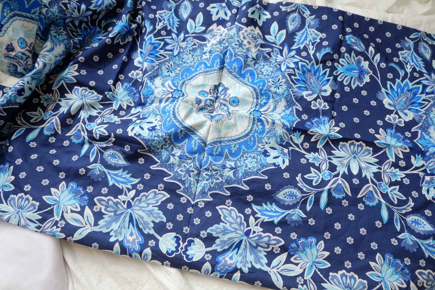 Blue Floral Medallion Cotton Panel Fabric - 2.95 yd