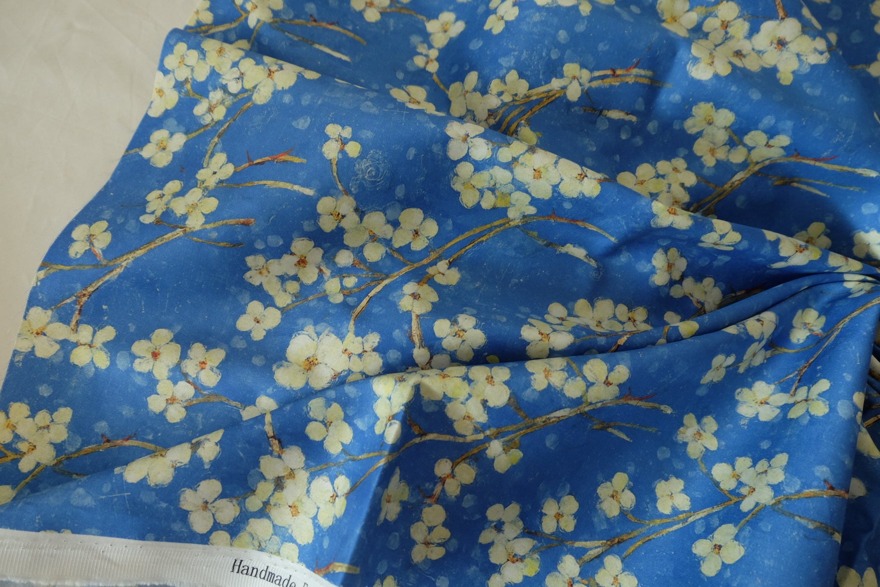 Indigo Blossom Cotton Sateen Fabric – Oriental Floral Branch Print – 2.2 yd