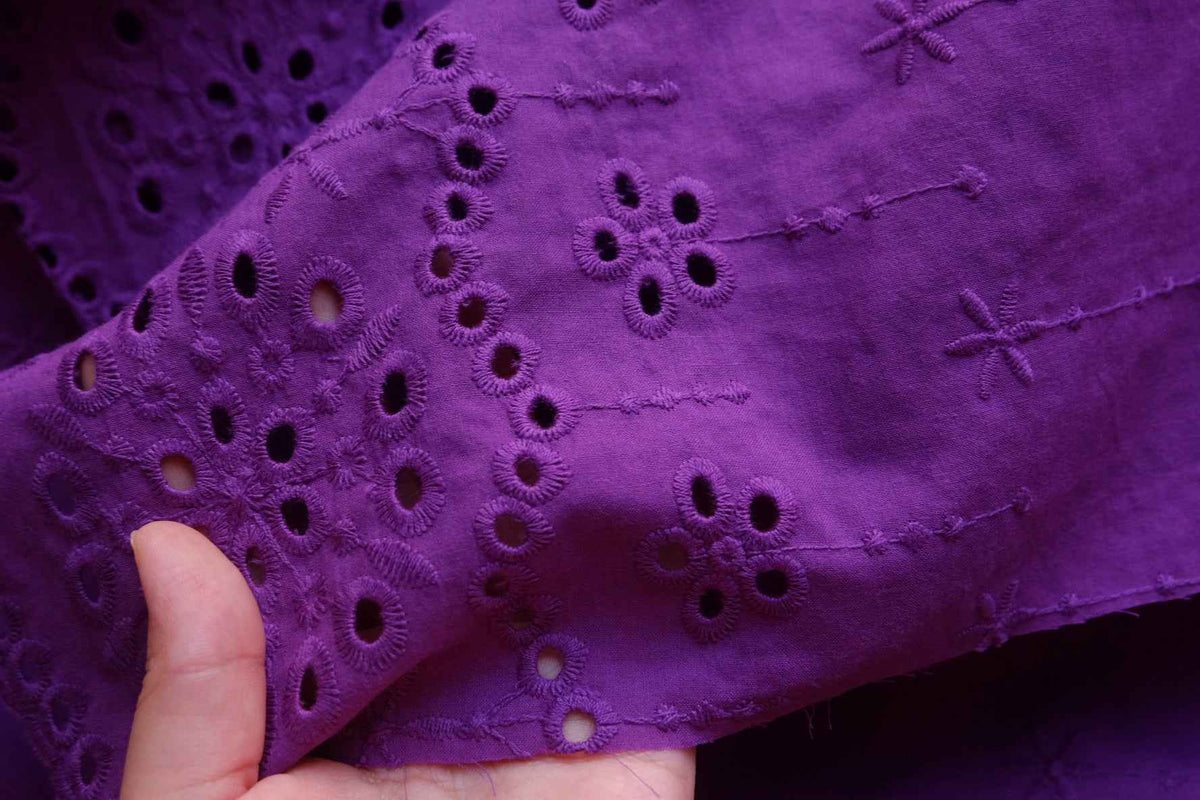 Royal Purple Floral Eyelet Embroidered Cotton with Double Scalloped Borders – 3.28 yd