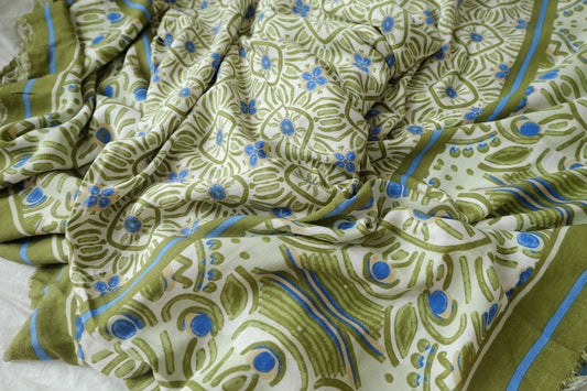 Border Print Rayon Fabric in Olive and Blue, Light & Drapey, 2.1 Yards
