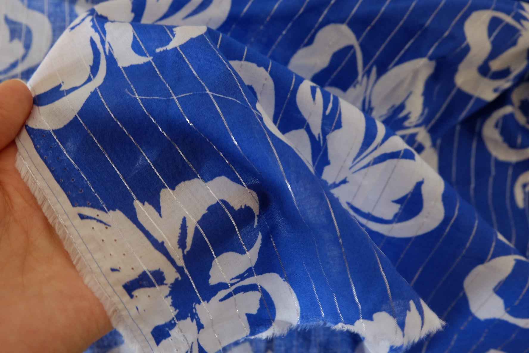 Blue Floral Metallic Stripe Cotton Fabric – 3.3 yd