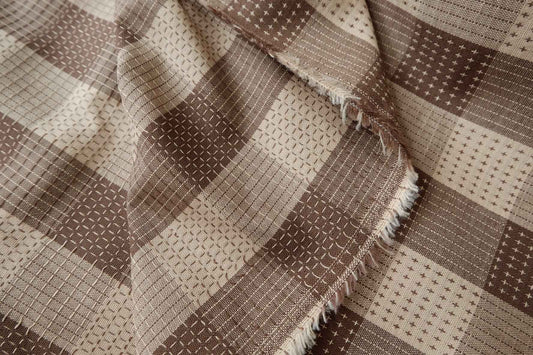 Yarn-Dyed Brown Check Linen Cotton Fabric, Textured Midweight Apparel Weight, 1.64 Yards